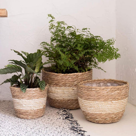 3Pc Woven Indoor Plant Pot Cover With Internal Plastic Lining